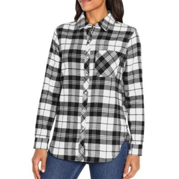 New Gap Ladies Relaxed Fit Flannel black white plaid flannel button small S NWT - Picture 4 of 11